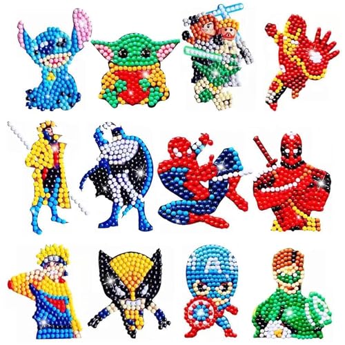 Hero Diamond Painting Sticker Set, 12 Stück Cartoon Diamant Aufkleber, Super Diamond Painting Mosaik Aufkleber, Spider DIY Diamant Painting Kit für Kinder und Erwachsene Anfänger von Moowi