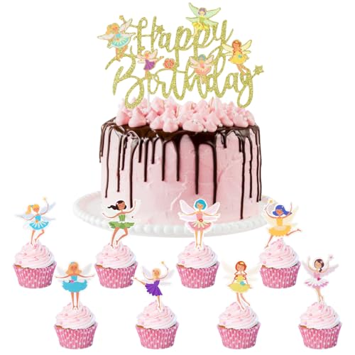 1+24 Stück Cake Topper Geburtstag Fee, Happy Birthday Tortendeko Feen, Küchen Deko Mädchen, Tortendeko Rosa, Muffin Deko Ballerina, Cupcake Deko, Cupcake Topper für Kinder Party von MorLuks