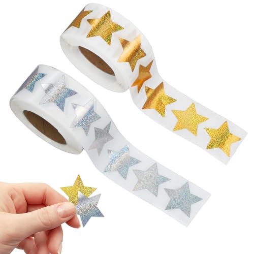 1000 Stück/2 Rolle Aufkleber Sterne Glitzer, Sticker Sterne Klebesterne Gold Sliver, Belohnungssticker für Kinder, Weihnachtsaufkleber Selbstklebende, Stern-Aufkleber für Scrapbooking, Grußkarten von MorLuks