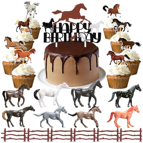 23 Stück Pferde Tortendeko, 1×Happy Birthday Pferd Kuchendeko, 8×Pferd Muffin Cupcake Toppers, 8×Realistische Kunststoff Pferde, 6×Zaun Tortenstecker, Torte Dekorationen für Geburtstag Thema Party von MorLuks