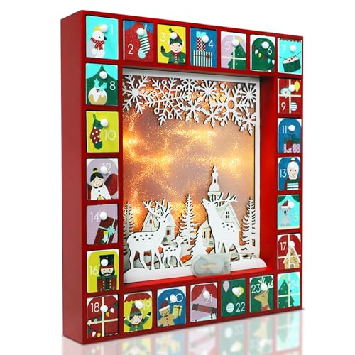 MorTime LED 24 Tage Adventskalender Dekoriert mit 24 Aufbewahrungsschubladen Rot Holz Countdown bis Weihnachten Kalender von MorTime