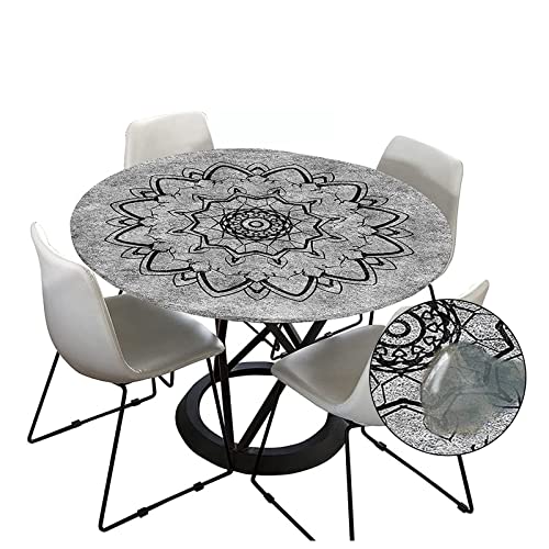 Morbuy Tischdecke Outdoor Rund 180 cm, Elastisch Rund Abwaschbar Tischdecken Wasserabweisend Lotuseffekt Garten Tischdecke Grau Mandala Table Cloth, Ideal für 160cm-170cm von Morbuy