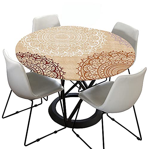 Morbuy Tischdecke Outdoor Rund 100 cm, Elastisch Rund Abwaschbar Tischdecken Wasserabweisend Lotuseffekt Garten Tischdecke Beige Mandala Table Cloth, Ideal für 80cm-90cm von Morbuy