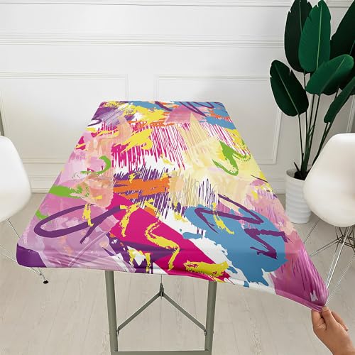 Morbuy Abstrakt Rechteckige Drucken Elastische Tischdecke, Rechteckig Tischdecke mit Gummizug Spanntischdecke Gartentischdecke für Outdoor Picknick Camping (6ft=183x76cm,Graffiti lila) von Morbuy