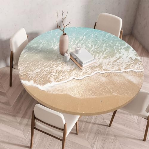 Morbuy Elastische Tischdecke Wasserdicht, 3D Meereswellen Muster Tischdecken mit Gummizug Rund Tischtuch Abwischbar Gartentischdecken Tischschutz für Party (Sandstrand 1,Diameter 70cm) von Morbuy