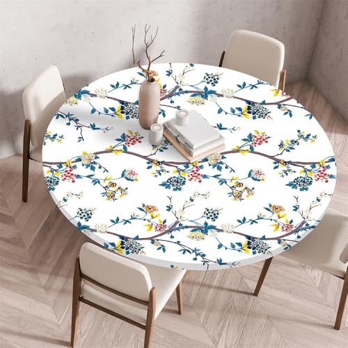 Morbuy Rund Tischdecke Elastisch, Gartentischdecke Schmutzabweisend Abwischbar Tischtuch für Dekoration Küchentisch Kaffee Restaurant Garten -Cartoon Blumen (110cm,Weiß Blau) von Morbuy