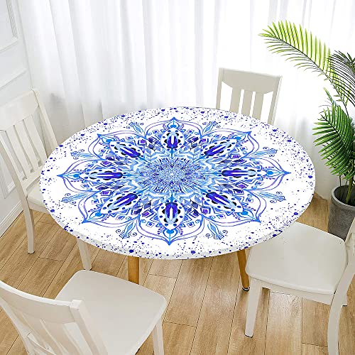 Morbuy Rund Tischdecke Elastisch, Lotuseffekt Abwischbar Rund Tischdecken Mandala Tischtuch für Küchen Garten Outdoor (Durchmesser 100cm,Kristallblau) von Morbuy