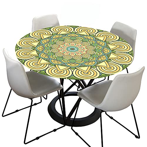 Morbuy Rund Tischdecke Elastisch, Lotuseffekt Tischdecke Abwaschbar Tischdecken Mandala Drucken Gartentischdecke Indoor Outdoor Tischtuch (Durchmesser 110cm,Gelb) von Morbuy