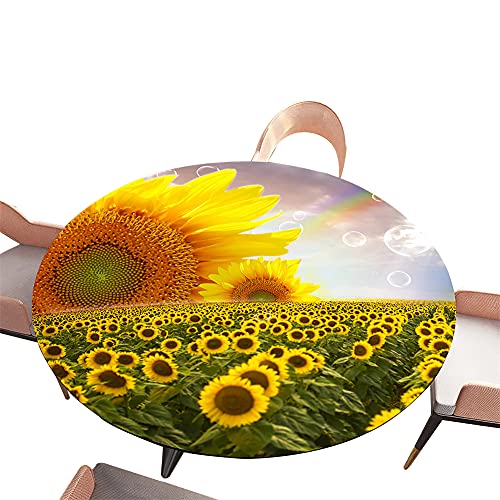 Morbuy Tischdecke Elastisch, 3D Sonnenblume Drucken Rund Tischdecken Wasserdicht Abwaschbar Abwischbar Tischtuch für Dekoration Küchentisch Garten Outdoor (Durchmesser 90cm,Regenbogen) von Morbuy