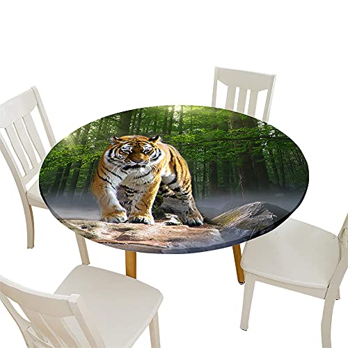 Morbuy Tischdecke Elastisch, 3D Tiger Drucken Rund Tischdecken Wasserdicht Lotuseffekt Abwaschbar Abwischbar Tischtuch für Dekoration Küchentisch Garten Outdoor (Durchmesser 150cm,Wald Tiere) von Morbuy