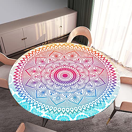 Morbuy Tischdecke Elastisch, Mandala Drucken Rund Tischdecken Wasserdicht Lotuseffekt Abwaschbar Abwischbar Tischtuch für Dekoration Küchentisch Garten Outdoor (Durchmesser 100cm,Blau Rosa) von Morbuy