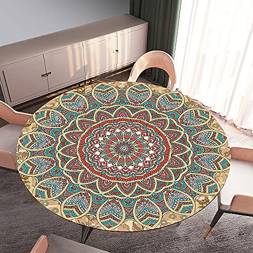 Morbuy Tischdecke Elastisch, Mandala Drucken Rund Tischdecken Wasserdicht Lotuseffekt Abwaschbar Abwischbar Tischtuch für Dekoration Küchentisch Garten Outdoor (Durchmesser 180cm,Rot Blau) von Morbuy