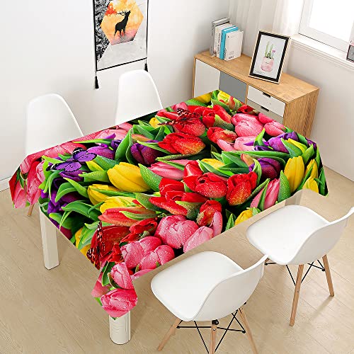 Morbuy Tulpe Drucken Tischdecke Abwaschbar für Speisetisch, Wasserabweisend Fleckschutz Abwischbar Lotuseffekt Quadrat Küchentischabdeckung Tischtuch Pflegeleicht (140x140cm,rote Blumen) von Morbuy