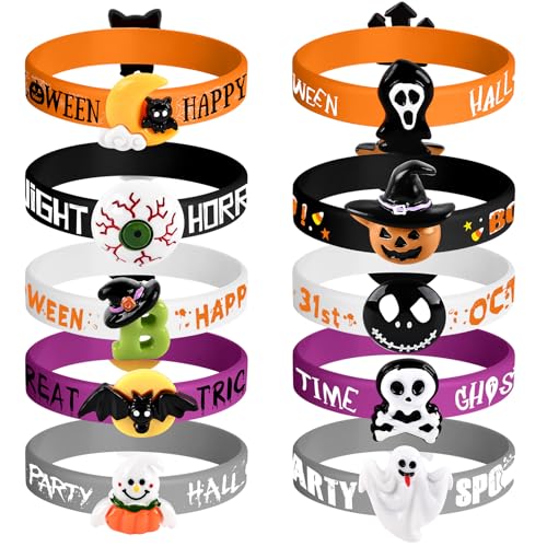 Morcheiong 10/20 Stück Halloween Gummi Armbänder, Silikon Armbänder für Halloween Süßes oder Saures Partys, Leckerli Tüten, Füller, Geschenke, Klassenzimmerpreise, Schulklassen-Austauschgeschenke (10) von Morcheiong