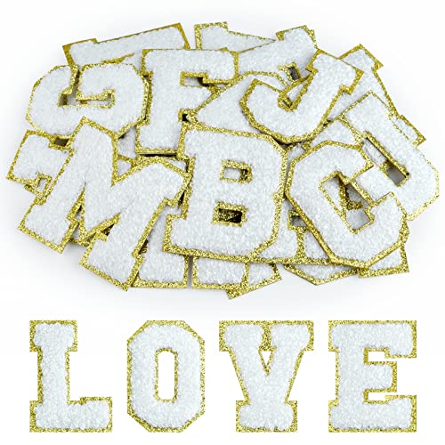 Morcheiong 52 selbstklebende Chenille-Buchstaben-Patches A-Z, zum Aufbügeln für DIY-Kleidung, Stoff, Schuhe, Taschen (weiß) von Morcheiong