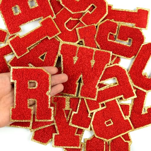 Morcheiong Chenille-Buchstaben-Aufnäher A-Z, selbstklebend, Buchstaben zum Aufbügeln für Kleidung, Varsity-Buchstaben für Stoff, Rot, 26 Stück von Morcheiong