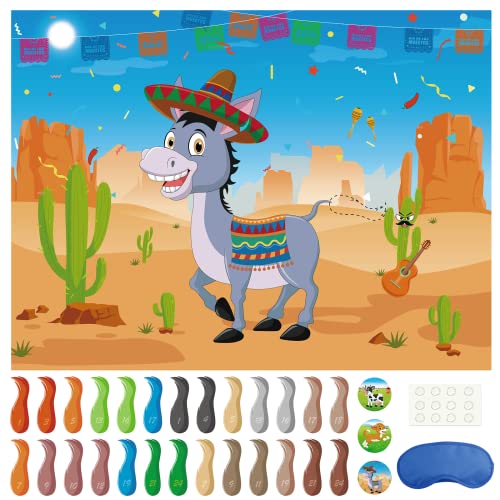 Morcheiong Pin The Tail on The Donkey Game with 48 Tails, Mexican Fiesta Party Favors Supplies Decorations, Birthday Party Game for Kids von Morcheiong