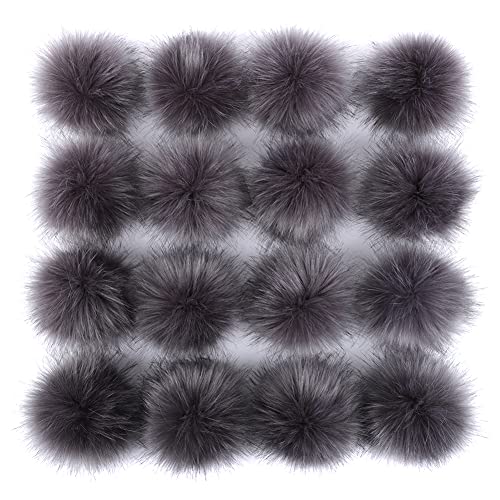 16 Stück Kunstpelz Pom Pom Ball, MoreChioce 3,94 Zoll-4,33 Zoll Kunstfell Bommel Pompon Weiche Schlüsselbund Charms DIY-Kunstpelz-Pompons mit Elastisch Schlaufe für DIY-Hüte Schuhe Schals,Grau von MoreChioce