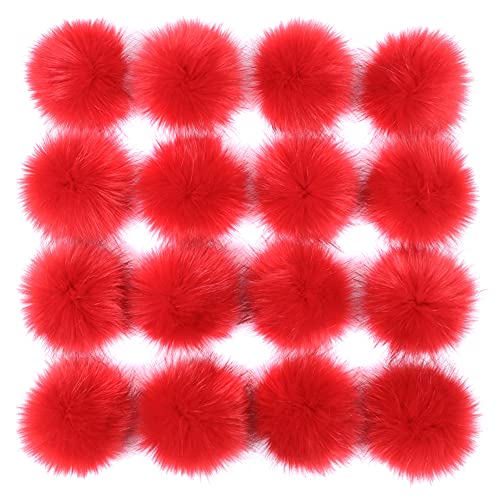 16 Stück Kunstpelz Pom Pom Ball, MoreChioce 3,94 Zoll-4,33 Zoll Kunstfell Bommel Pompon Weiche Schlüsselbund Charms DIY-Kunstpelz-Pompons mit Elastisch Schlaufe für DIY-Hüte Schuhe Schals,Rot von MoreChioce