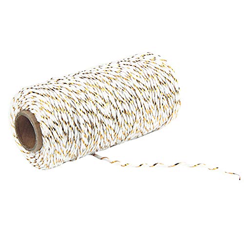 MoreChioce 100 Meter Bastelschnur 2 mm Drehkordel Baumwolle Bakers Twine Makramee Kordelschnur Garten Kordel Baumwollschnur DIY Bastelgarn Dekoration Handwerk Schnur,Gold + Weiß von MoreChioce