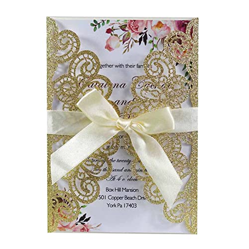 MoreChioce 25 Stück Hochzeit Einladungskarte, Lasergeschnittene Hochzeitseinladung Hochzeitseinladungskarten Klappkarten Geburtstag Hochzeit Einladung mit Schleife und Umschlägen,Gold von MoreChioce