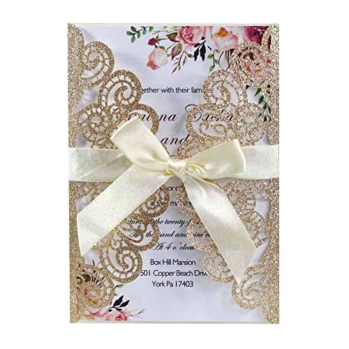 MoreChioce 25 Stück Hochzeit Einladungskarte, Lasergeschnittene Hochzeitseinladung Hochzeitseinladungskarten Klappkarten Geburtstag Hochzeit Einladung mit Schleife und Umschlägen,Rosa Gold von MoreChioce