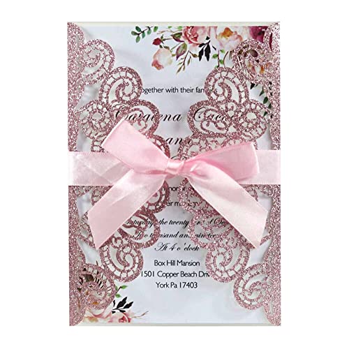 MoreChioce 25 Stück Hochzeit Einladungskarte, Lasergeschnittene Hochzeitseinladung Hochzeitseinladungskarten Klappkarten Geburtstag Hochzeit Einladung mit Schleife und Umschlägen,Rosa von MoreChioce