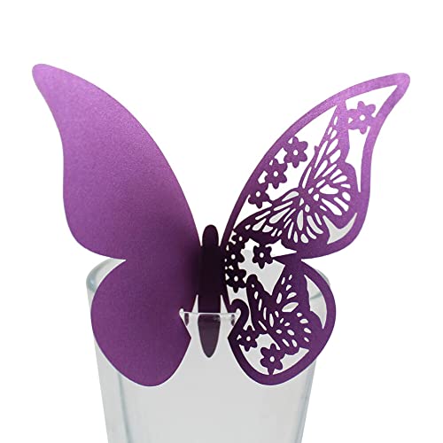 Tischkarten, MoreChioce 50 Stück 3D Schmetterlingsform Hochzeit Hohle Name Tischkarten Namenskarten Glasanhänger Weinglas Cup Deko für Hochzeit Party Favor Dekoration,Dunkelviolett von MoreChioce