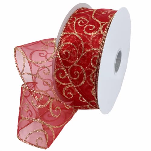 Morex Ribbon 7416.60/50-934 Swirl 6,3 cm x 45,7 m Nylon Sheer Curling Wired Glitter Ribbon, Rot/Gold, Urlaubsbänder zum Basteln und Weihnachtsdekorationen, Weihnachtsband für den Innenbereich zum von Morex Ribbon