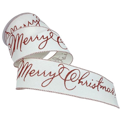 Morex Ribbon Taft-Geschenkband mit Draht, Aufschrift "Merry Christmas", 6,3 cm x 9,1 m, Rot/Weiß von Morex Ribbon