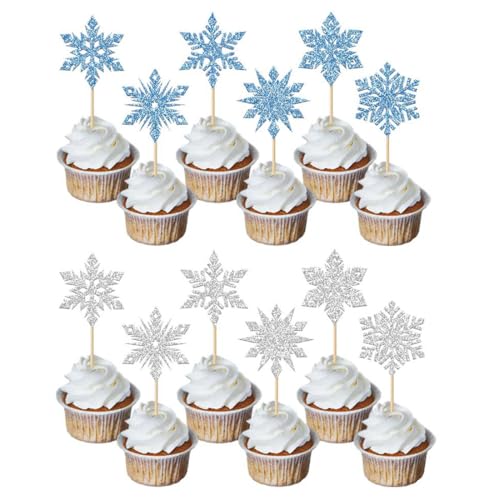 Morndew 24 Stück Glitzer Gold Silber Schneeflocken Cupcake Topper für Weihnachten Party Neujahr Party Geburtstag Party Baby Shower Dekorationen von Morndew