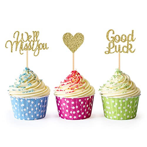 Morndew 24 Stück Gold Glitzer We Will Miss You Good Luck Herz Cupcake Topper für Büro Arbeit Party Ausgehen Party Abschied Party Ruhestand Party Jubiläum Feier Dekorationen von Morndew