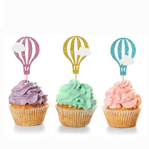 Morndew 24 Stück Gold Lila Himmelblau Heißluftballons Cupcake Topper für Weltreisen Motto Party Babyparty Geburtstag Party Hochzeit Party Dekorationen von Morndew