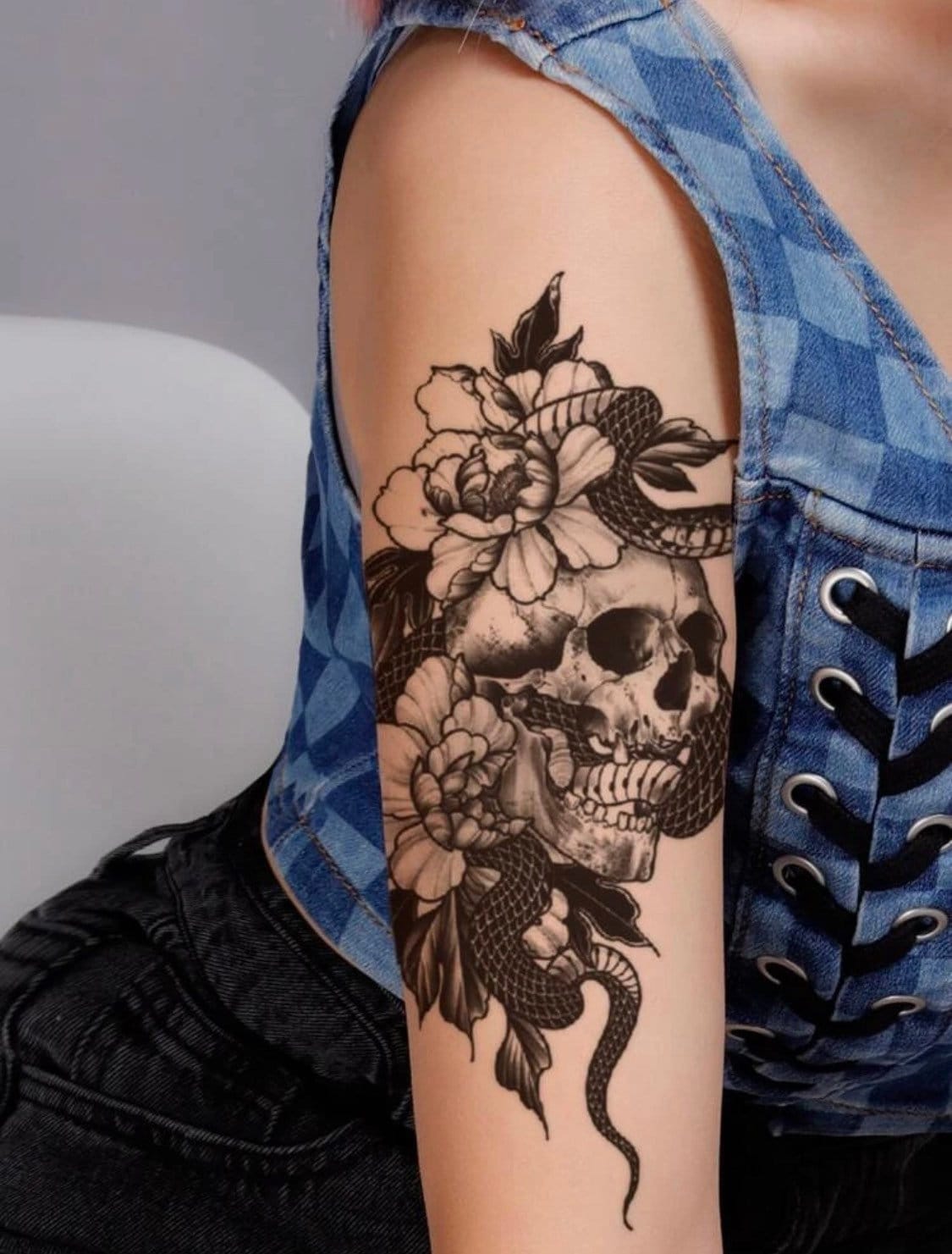 Blumen Schädel + Schlange Temporäres Tattoo - Aufkleber Tier Ärmel Für Frauen Männer Unisex Traditionelle Tattoos von MorningStarSupplyCo