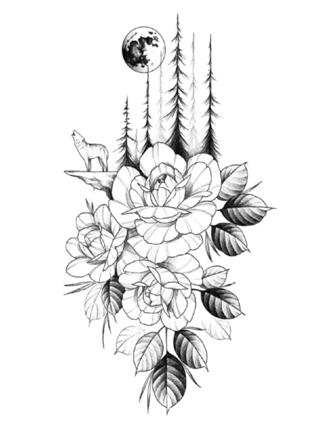 Wolf Tattoo - Mond Baum Blumen Natur Tier Trendy Tattoos Für Frauen von MorningStarSupplyCo