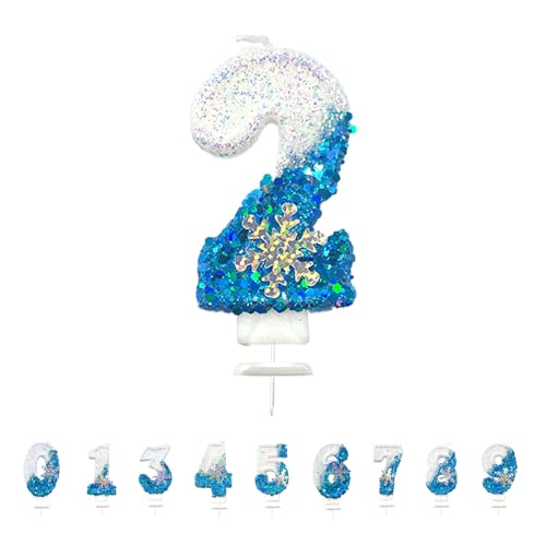 Geburtstagskerzen Zahlen, 3D Blue White Frozen mit Schneeflocke Geburtstagskerzen, Glitzernde Kerzen für Kuchen, Geburtstag Tortendeko Kerzen für Kinder, Jubiläum, Meilenstein (Nummer 2) von Morocket