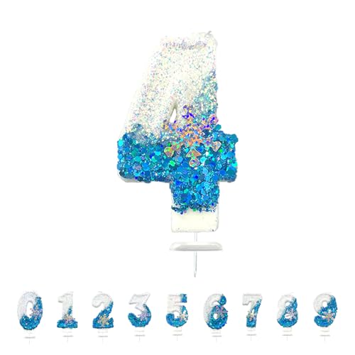 Geburtstagskerzen Zahlen, 3D Blue White Frozen mit Schneeflocke Geburtstagskerzen, Glitzernde Kerzen für Kuchen, Geburtstag Tortendeko Kerzen für Kinder, Jubiläum, Meilenstein (Nummer 4) von Morocket