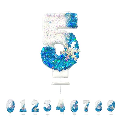 Geburtstagskerzen Zahlen, 3D Blue White Frozen mit Schneeflocke Geburtstagskerzen, Glitzernde Kerzen für Kuchen, Geburtstag Tortendeko Kerzen für Kinder, Jubiläum, Meilenstein (Nummer 5) von Morocket