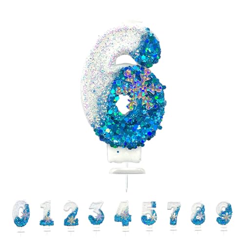 Geburtstagskerzen Zahlen, 3D Blue White Frozen mit Schneeflocke Geburtstagskerzen, Glitzernde Kerzen für Kuchen, Geburtstag Tortendeko Kerzen für Kinder, Jubiläum, Meilenstein (Nummer 6) von Morocket