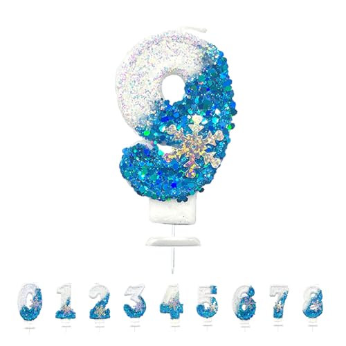 Geburtstagskerzen Zahlen, 3D Blue White Frozen mit Schneeflocke Geburtstagskerzen, Glitzernde Kerzen für Kuchen, Geburtstag Tortendeko Kerzen für Kinder, Jubiläum, Meilenstein (Nummer 9) von Morocket