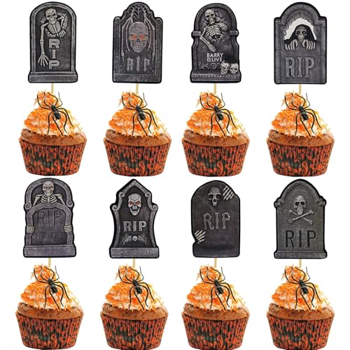 Morofme 24pcs Halloween Cupcake Toppers Grabsteine Cupcake Picks Graveyard Kuchen Topper Grabstein Kuchen Picks Scary Halloween Cupcake Dekoration für Halloween Horror Party Supplies von Morofme