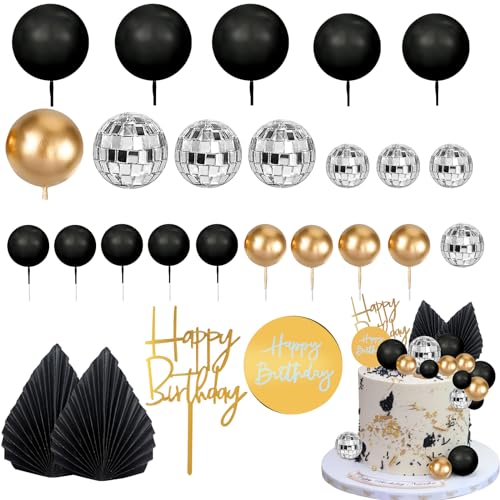 Morofme 25pcs Mann Kuchen Topper Disco Ball Kuchen Topper Schwarz Gold Kugeln Palm Leaves Schwarz Gold Boho Kuchen Dekorationen für Mann Junge Bohemian Schwarz Gold Thema Hochzeit Baby Dusche Geburts von Morofme