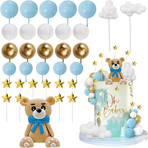 Morofme 33Pcs Bär Kuchen Toppers Mini Bär Kuchen Dekorationen Ball Kuchen Topper Bär Figur Gold Weiß Blau Perle Kugeln Sterne Wolken Kuchen Toppers Dekor für Junge Mädchen Baby Dusche Geburtstag Party von Morofme