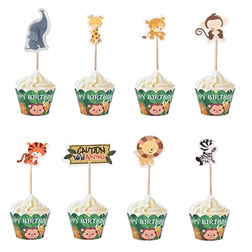 Morofme 48pcs Dschungel Safari Tier Cupcake Topper, Doppelseitige Zoo Tier Cupcake Topper Picks, Tier Cupcake Dekorationen für Dschungel Safari Zoo Tiere Thema Geburtstag Baby Shower Party Supplies von Morofme