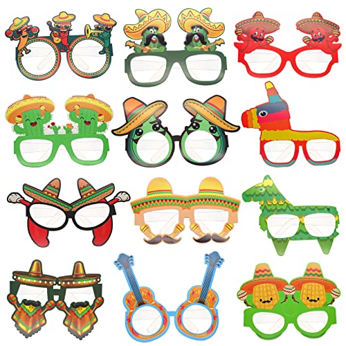 Morofme Cinco de Mayo Brille Fiesta Party Papierbrille 12 Stück mexikanische Themen lustige Dekoration Kaktus Avocados Chili Gitarre Sombrero Pinatas für Erwachsene Kinder Luau Sommer Strand Motto Geburtstagsparty von Morofme