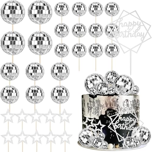 Morofme Disco Kugeln Kuchen Dekoration Silber Disco Ball Kuchen Toppers 33pcs Spiegel Kugeln Kuchen Dekor Disco Thema Cupcake Pick Birthday Star Kuchen Topper für 70er Jahre 80er Geburtstag Tanz von Morofme