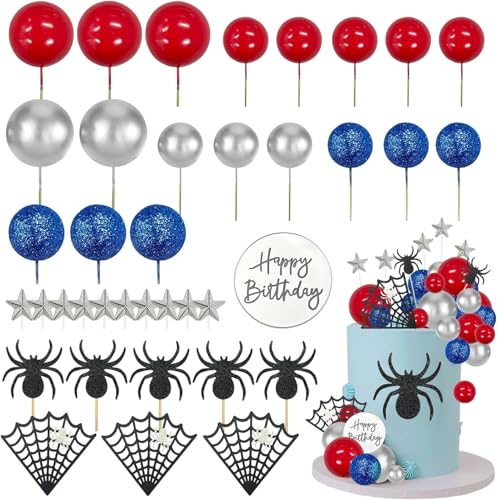 Morofme Spinne Kuchen Topper Spinne Web Kuchen Dekorationen Spinne Thema Kuchen Dekor Glitter Spinne Happy Birthday Toppers Sterne Rot Silber Blau Kugeln Cupcake Topper für Jungen Männer Baby Dusche P von Morofme