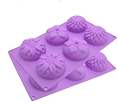 2 Sets 6 Mulden Silikon gemischte Blumen Seife Kuchen Form Formen Badebomben Formen Chrysanthemen Sonnenblume verschiedene Blumenformen Cupcake Backing Muffinform Handmade DIY Formen von Mose Cafolo