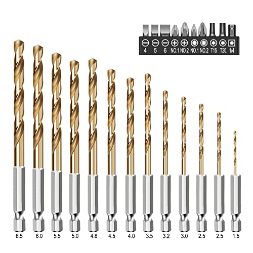 Mostop Steinbohrer bohrer set, Titanium Twist Drill Bits & Electric Screwdriver Bits, 13 Stück Bohrer Tool 1.5mm-6.5mm,zum Bohren Beton,Stein, Keramikfliesen von Mostop