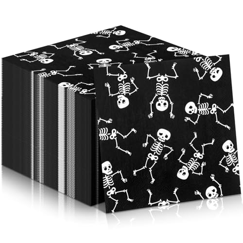 MotiMind 100 Stück Skelett-Papierservietten, Einweg-Servietten, Halloween-Skelett, Totenkopf, Halloween-Servietten für Abendessen, Halloween, Party, Geschirr, Zubehör, Süßes oder Leckerei-Dekorationen von MotiMind